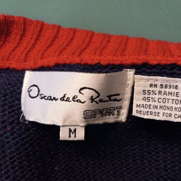 Vintage Oscar de la Renta Sport Blue/Red Southwestern Sweater Cottagecore Chic - Picture 2 of 13